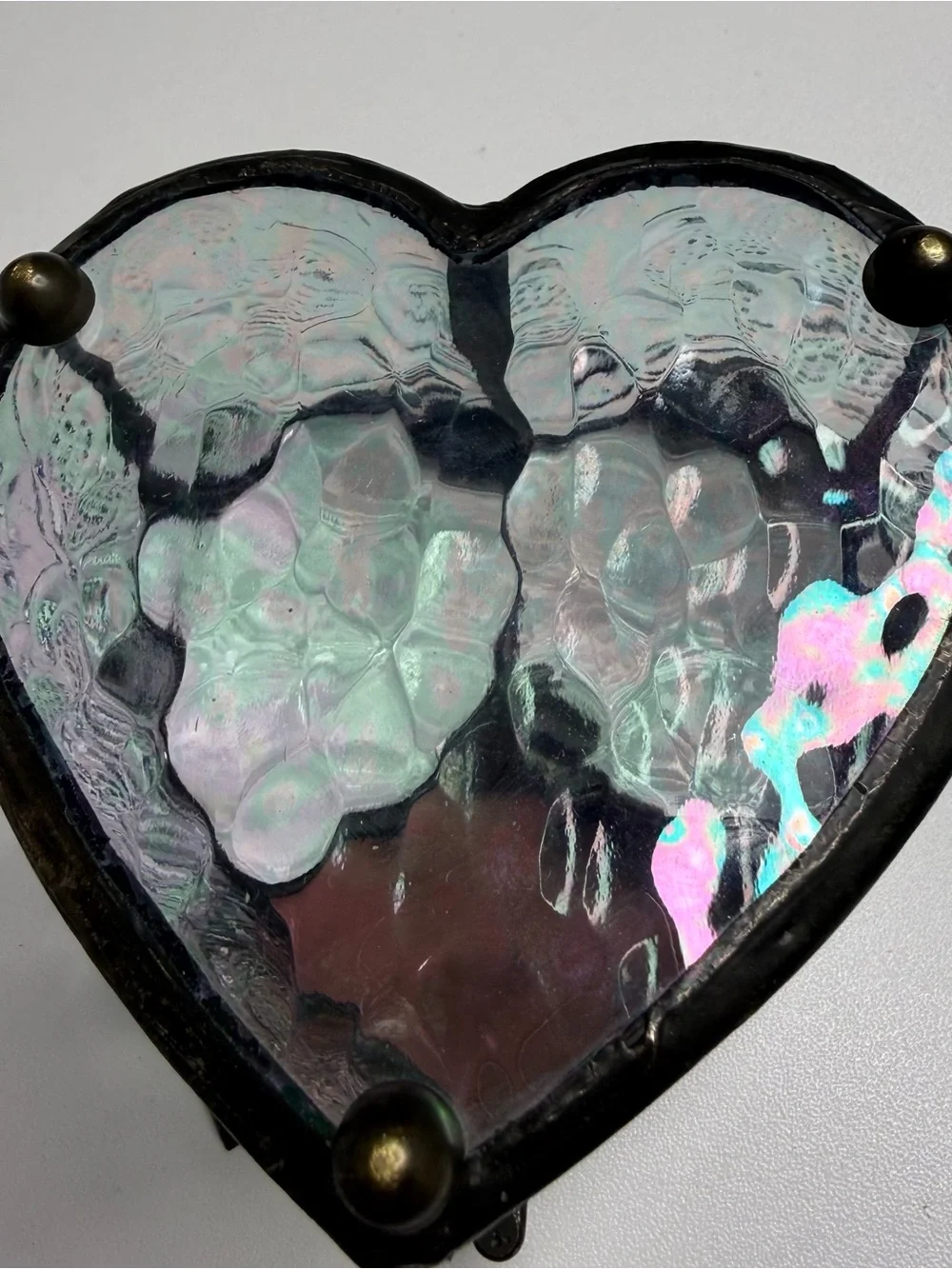Heart Shaped Stained Glass Trinket Box - Iridescent Pink & Clear